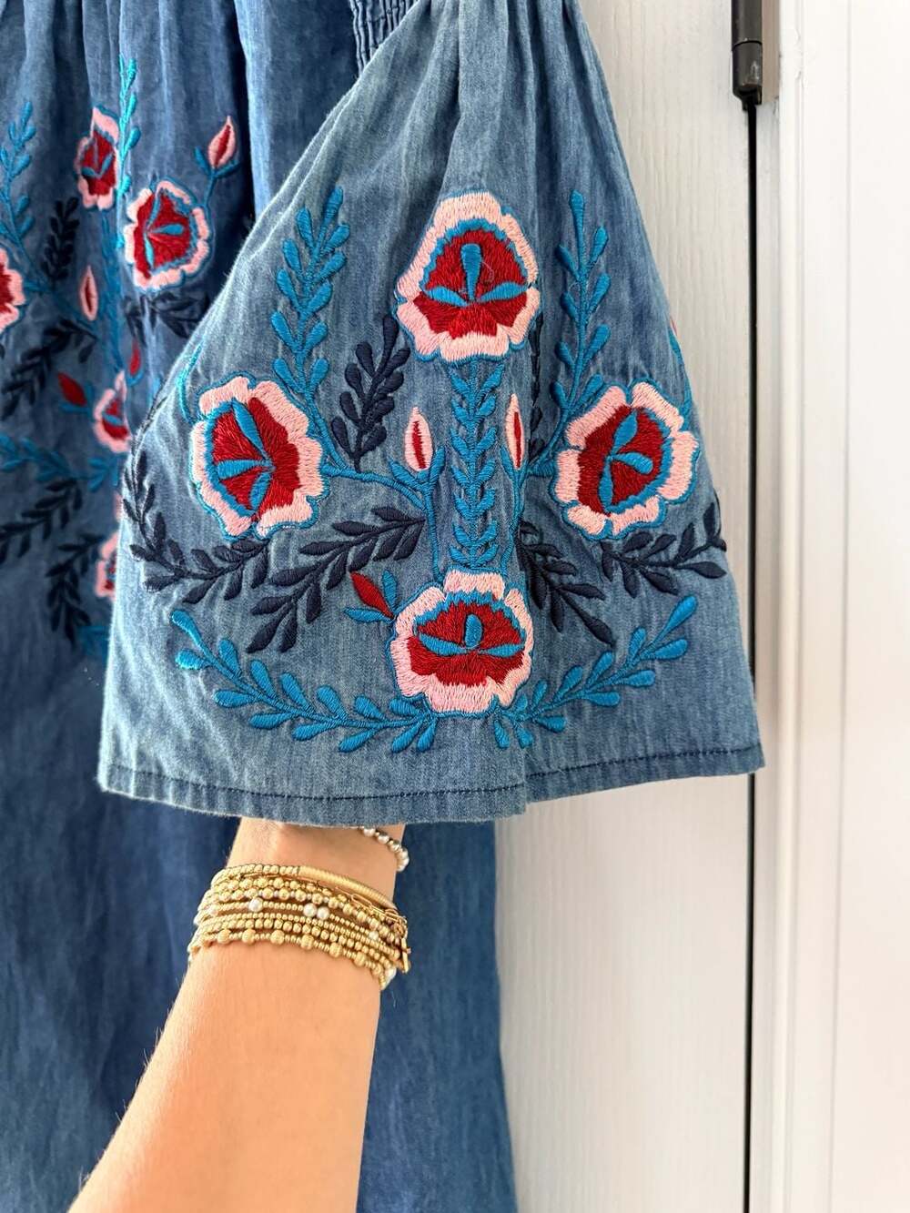 A&A Boho Off-The-Shoulder Embroidered Chambray Bell Sleeve Dress - Picture 2 of 5
